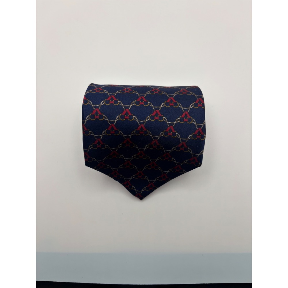 Bill Blass Mens Silk Necktie Navy Blue Red Gold Nautical Rope Bit Geometric Tie